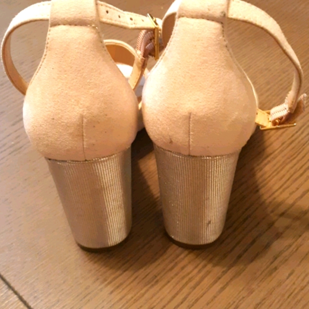Heeled suede and silver heeled sandal.